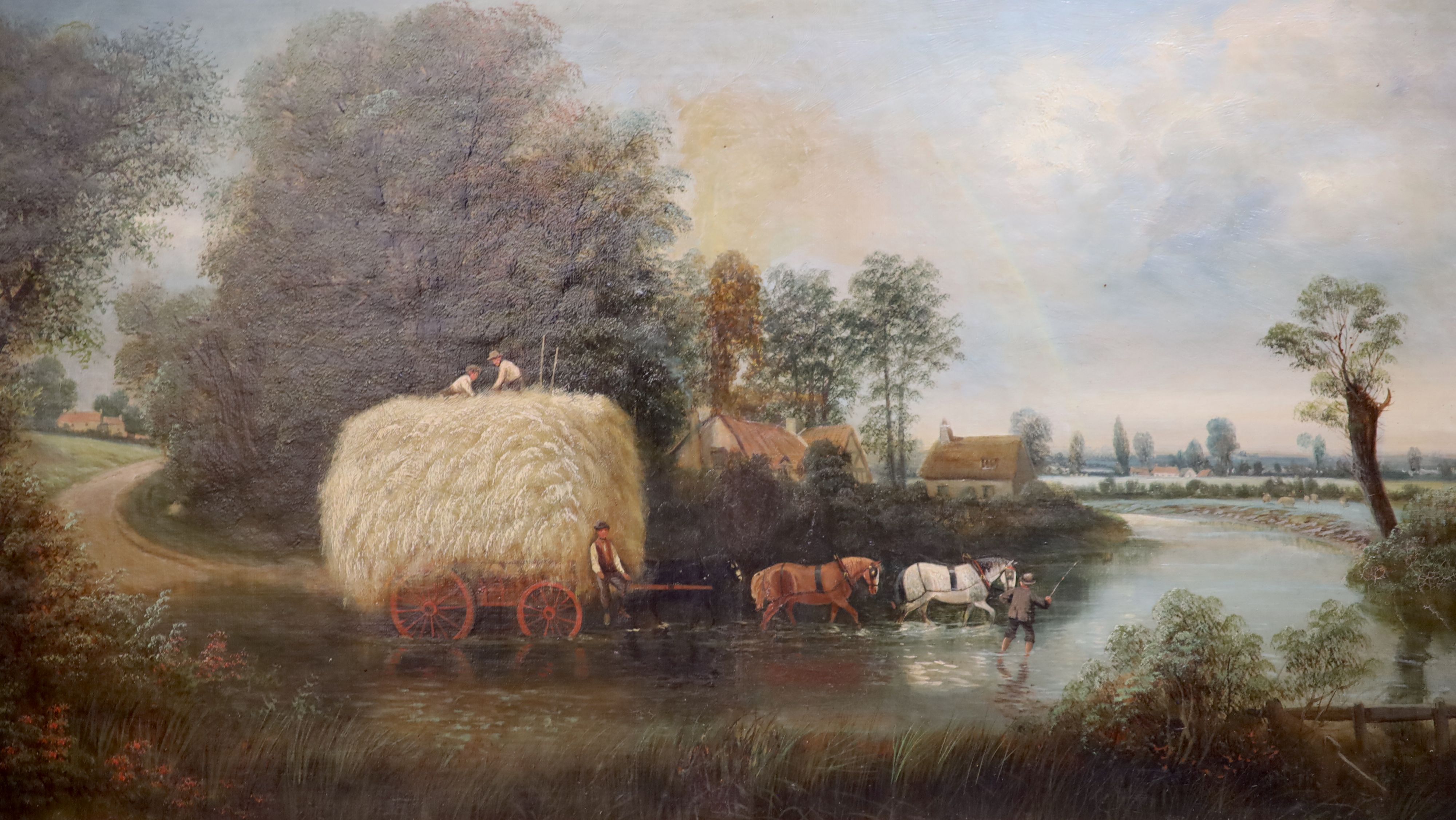 Edward Priestley (1820-1880) Extensive landscape with shepherd and flock, harvesters and haycart crossing a river 17.5 x 31.75in.